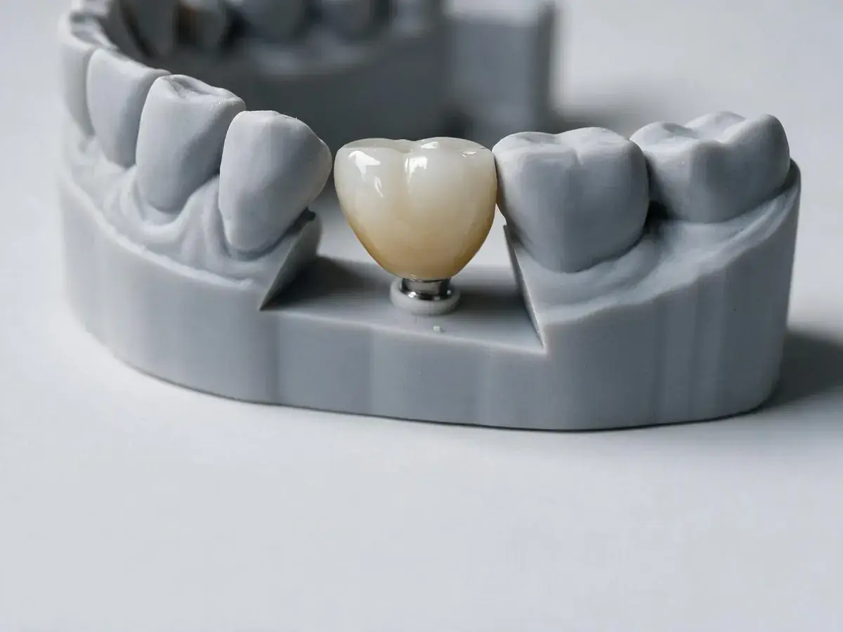 Couronne en céramique vissée sur un implant, sur un modèle dentaire imprimé en 3D