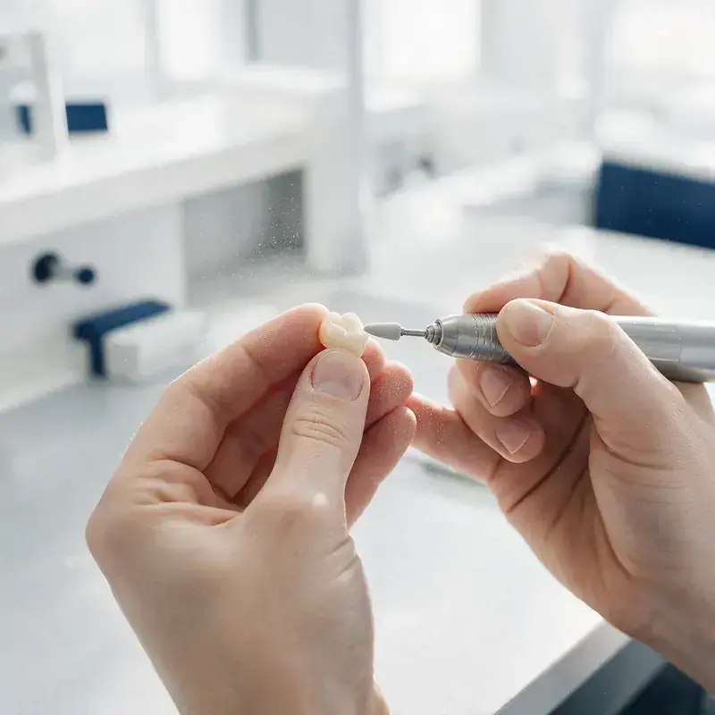 Finishing a crown with a handpiece in the laboratory