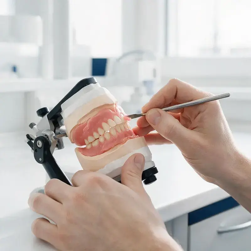 Dental technologist carving the wax of a complete denture setup on an articulator