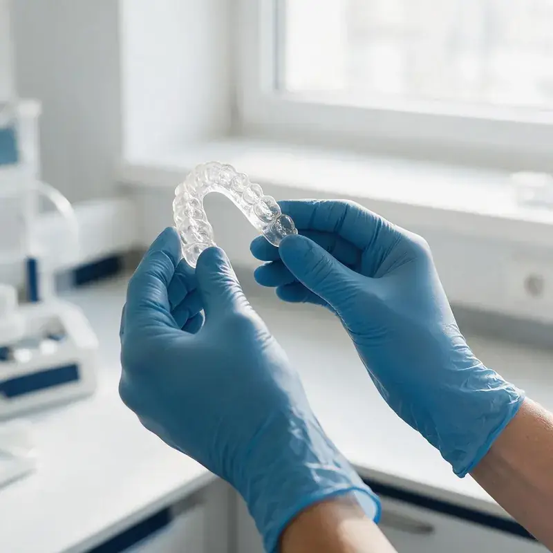 Clear occlusal guard inspected in the light by a gloved technologist