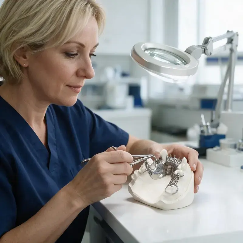 Dental technologist adjusting the clasp of a metal framework under a magnifier