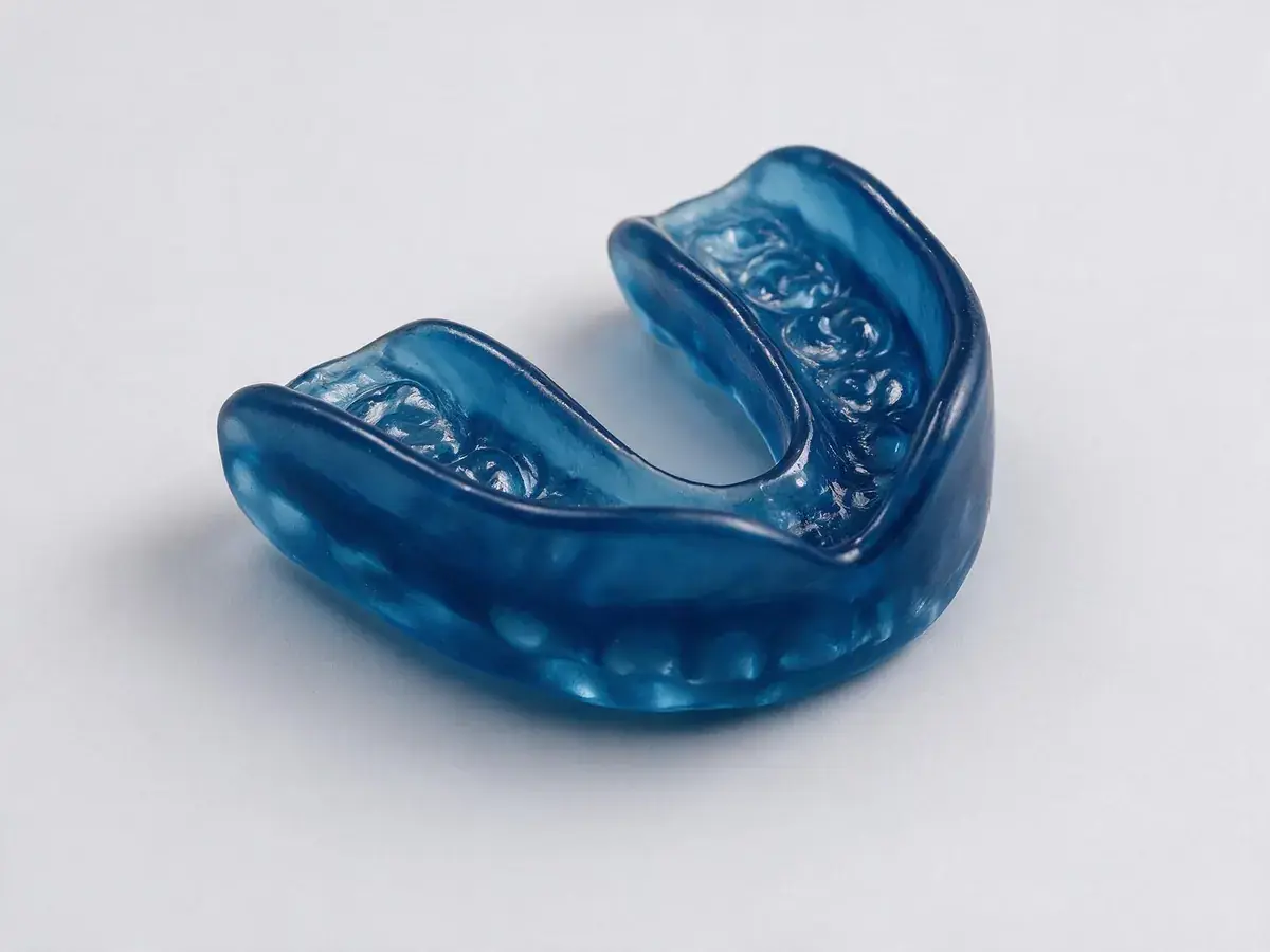 Protecteur buccal sportif sur mesure en EVA bleu translucide, avec l'empreinte des dents