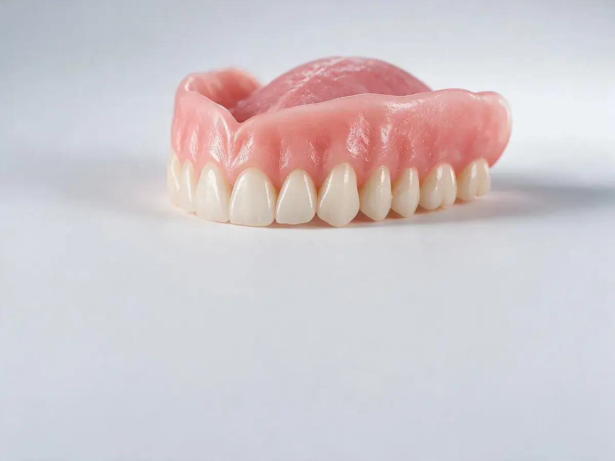 Prothèse dentaire complète supérieure en résine rose avec dents au rendu naturel