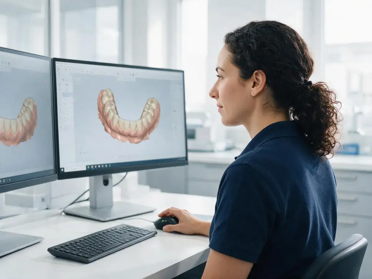 Technicienne dentaire analysant un scan 3D dans un laboratoire moderne
