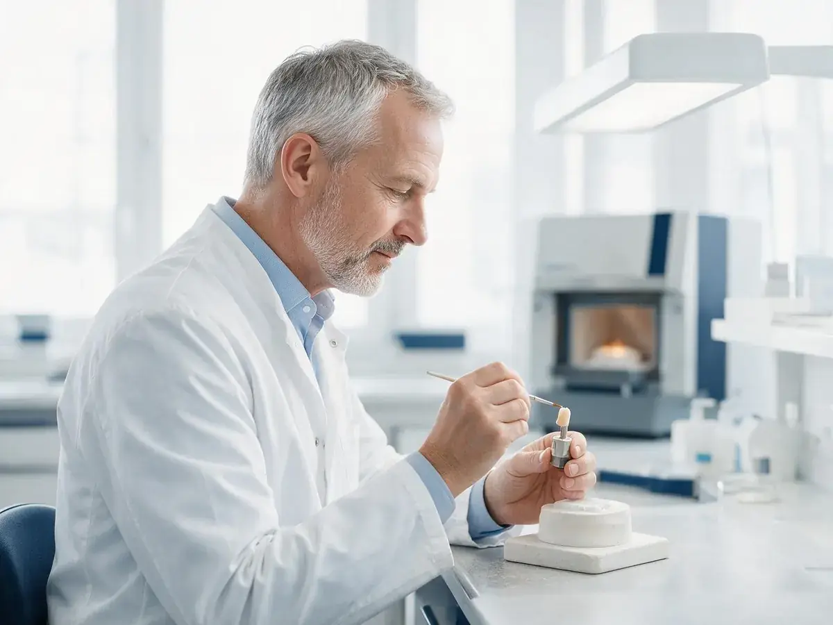 Dental technologist layering porcelain on a crown in a modern laboratory